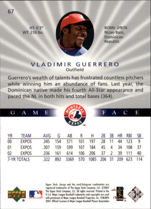 2003 Upper Deck Game Face #67 Vladimir Guerrero SP