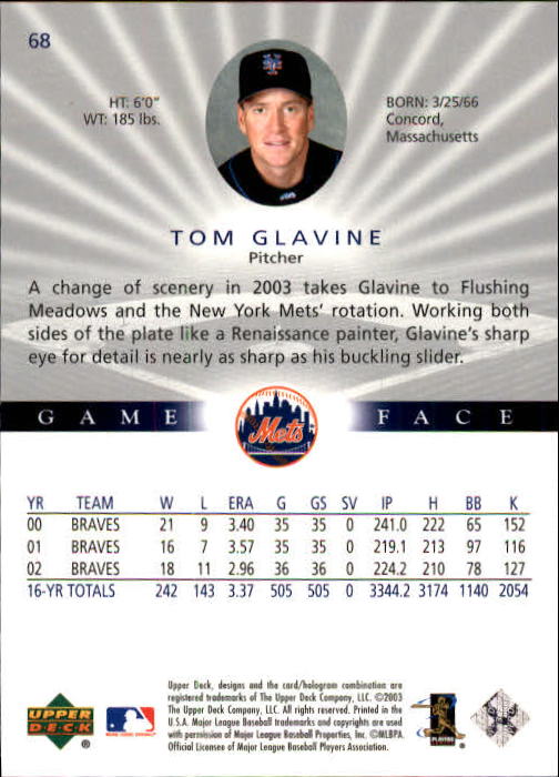 2003 Upper Deck Game Face #68 Tom Glavine back image