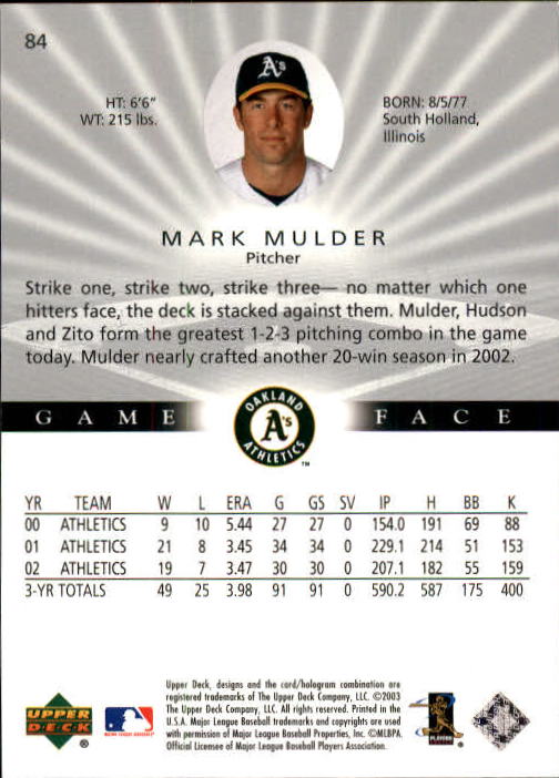 2003 Upper Deck Game Face #84 Mark Mulder back image