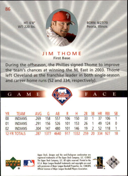 2003 Upper Deck Game Face #86 Jim Thome back image
