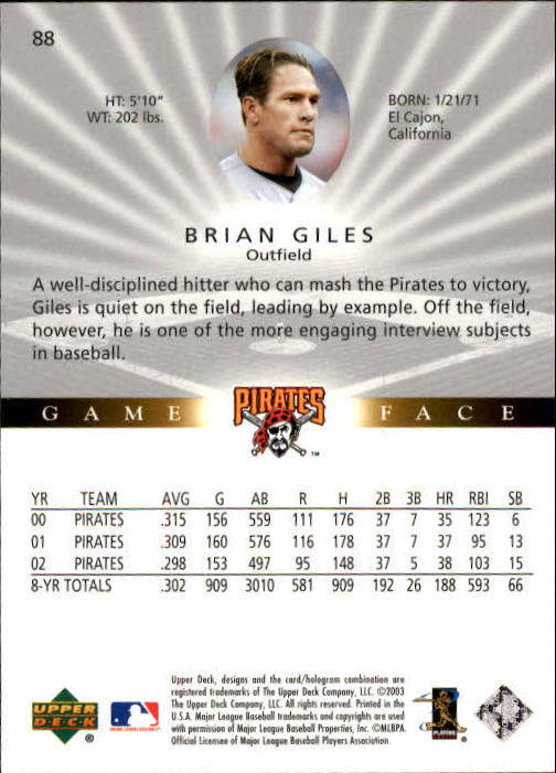 2003 Upper Deck Game Face #88 Brian Giles back image
