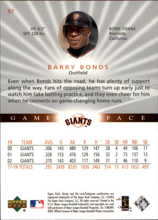 2003 Upper Deck Game Face #97 Barry Bonds SP back image