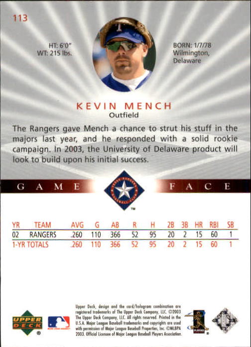 2003 Upper Deck Game Face #113 Kevin Mench SP back image