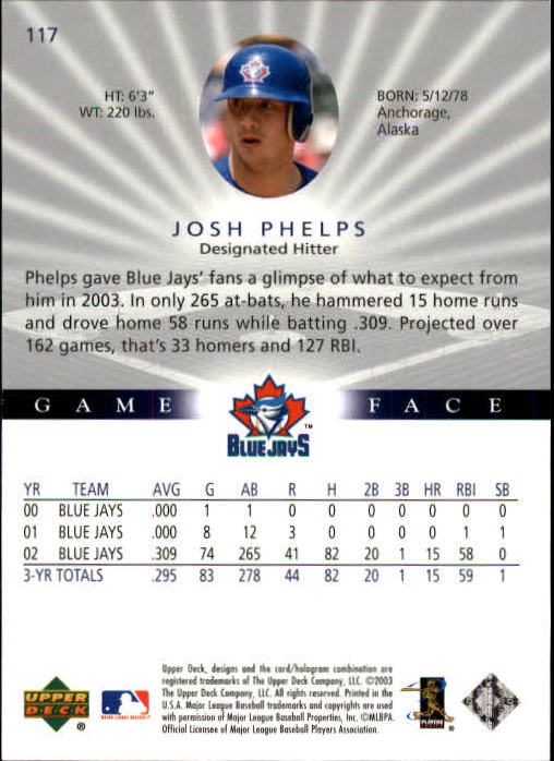 2003 Upper Deck Game Face #117 Josh Phelps back image