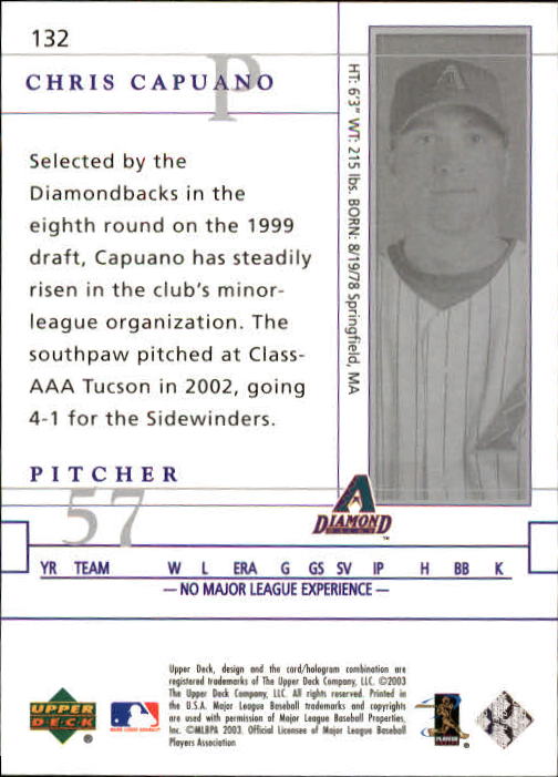 2003 Upper Deck Game Face #132 Chris Capuano FF RC back image