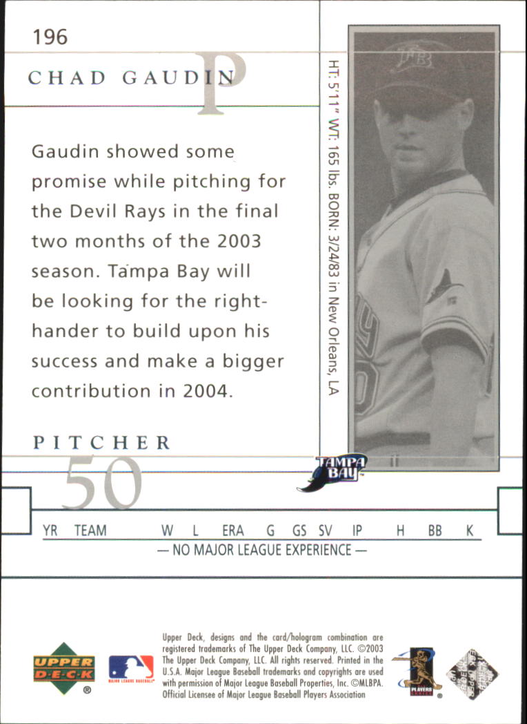 2003 Upper Deck Game Face #196 Chad Gaudin FF RC back image