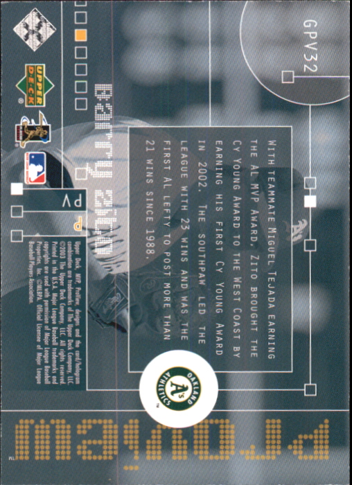2003 Upper Deck MVP Pro View Gold #PV32 Barry Zito back image