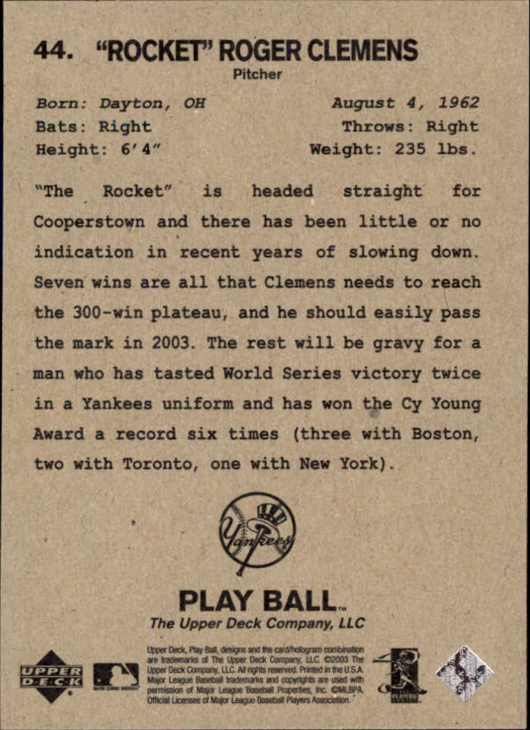 2003 Upper Deck Play Ball #44 Roger Clemens back image