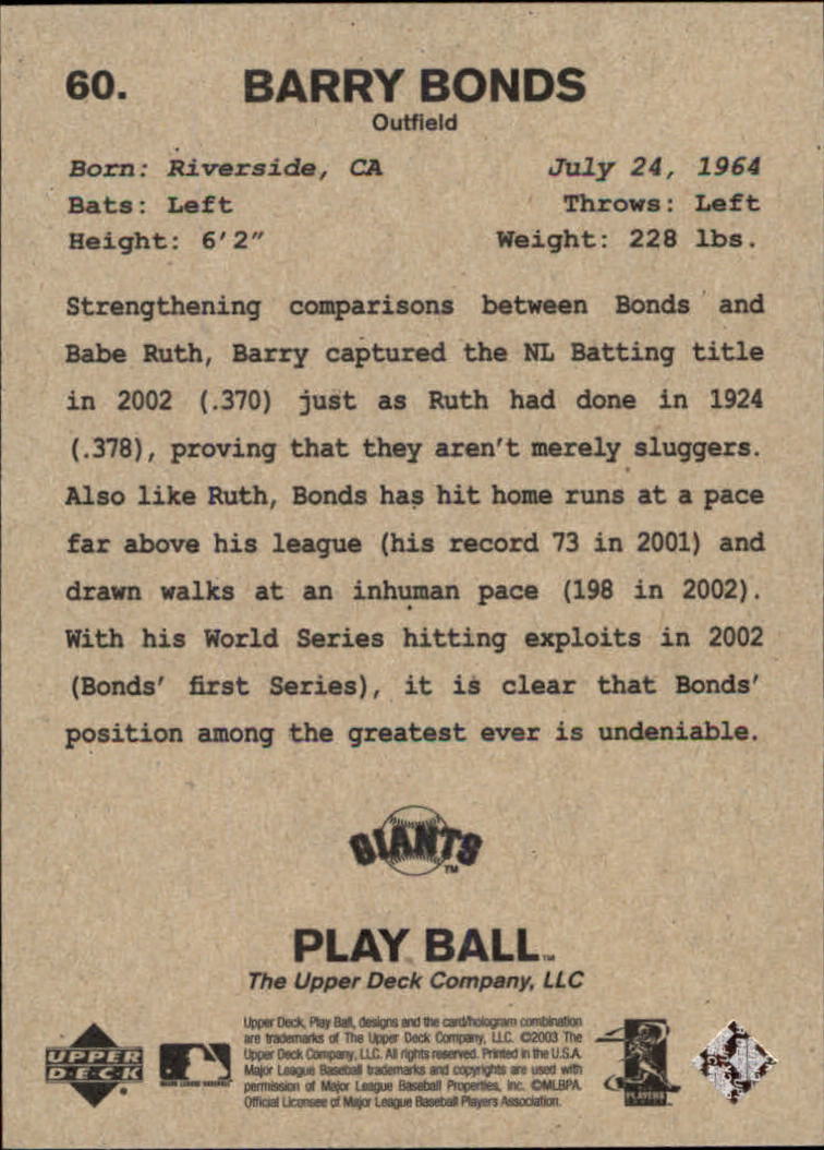 2003 Upper Deck Play Ball #60 Barry Bonds back image
