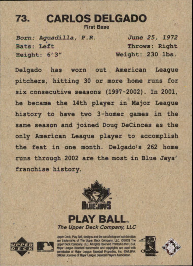 2003 Upper Deck Play Ball #73 Carlos Delgado back image