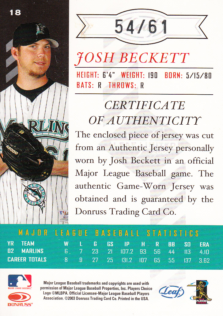 2003 Leaf Limited Threads Number #18 Josh Beckett White/61 back image