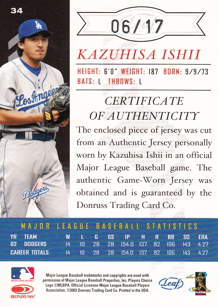 2003 Leaf Limited Threads Number #34 Kazuhisa Ishii H/17 back image