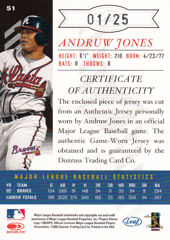 2003 Leaf Limited Threads Number #51 Andruw Jones H/25 back image