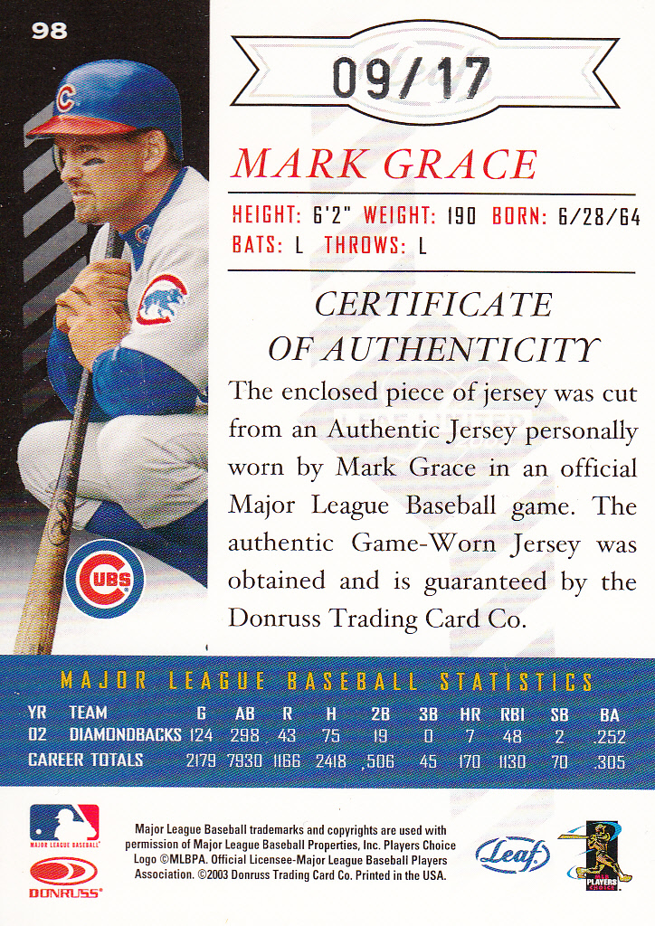 2003 Leaf Limited Threads Number #98 Mark Grace/17 back image