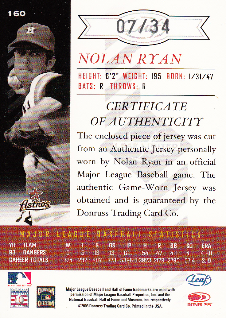 2003 Leaf Limited Threads Number #160 Nolan Ryan Astros/34 back image