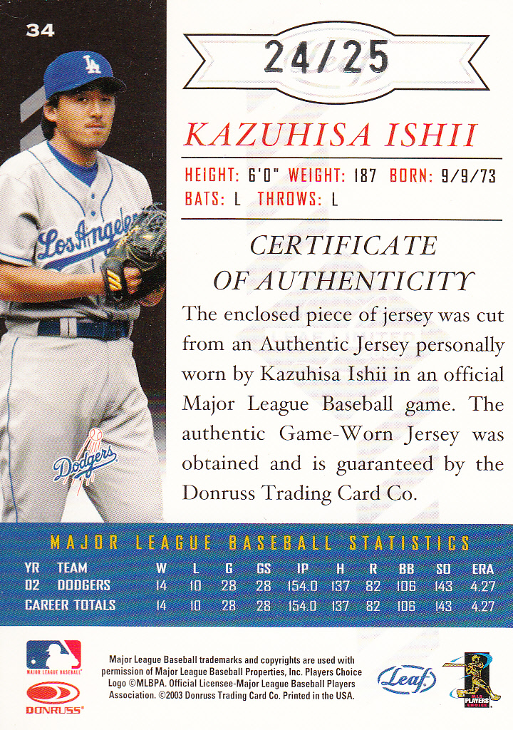 2003 Leaf Limited Threads Position #34 Kazuhisa Ishii H back image