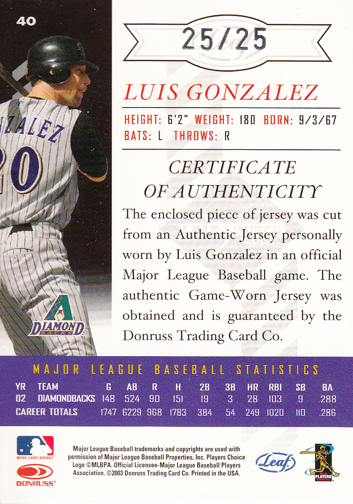 2003 Leaf Limited Threads Position #40 Luis Gonzalez back image