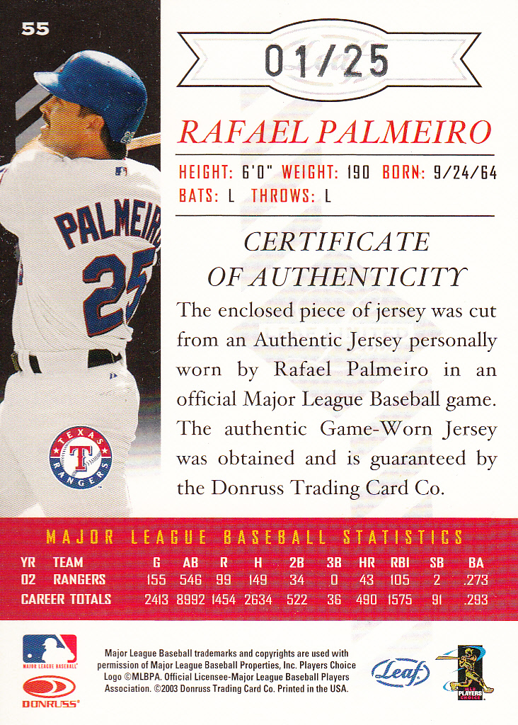 2003 Leaf Limited Threads Position #55 Rafael Palmeiro Rgr A back image