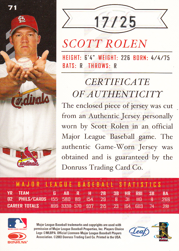 2003 Leaf Limited Threads Position #71 Scott Rolen back image