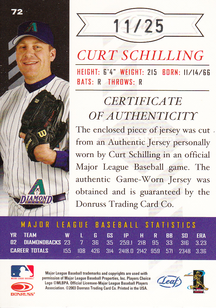 2003 Leaf Limited Threads Position #72 C.Schilling D'backs Leg back image