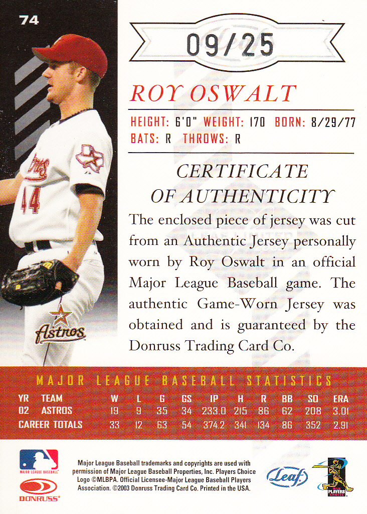 2003 Leaf Limited Threads Position #74 Roy Oswalt A back image
