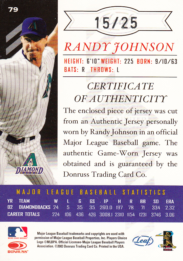 2003 Leaf Limited Threads Position #79 R.Johnson D'backs A back image