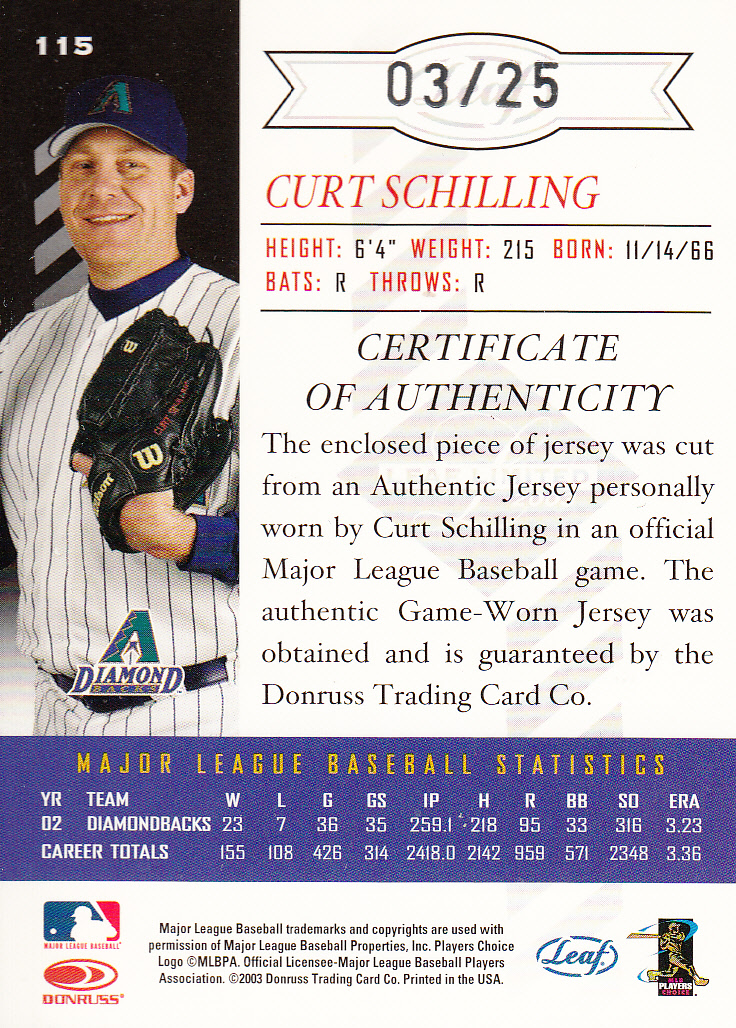 2003 Leaf Limited Threads Position #115 C.Schilling D'backs Throw back image