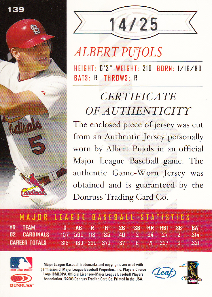 2003 Leaf Limited Threads Position #139 Albert Pujols A back image