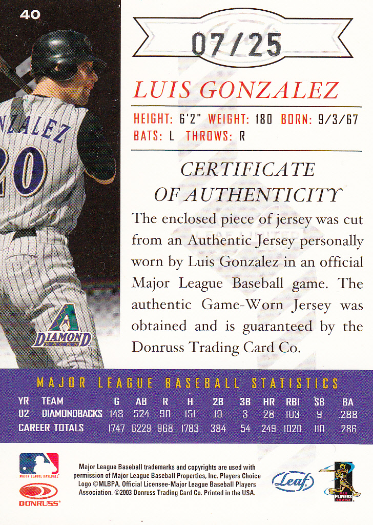 2003 Leaf Limited Threads Prime #40 Luis Gonzalez back image