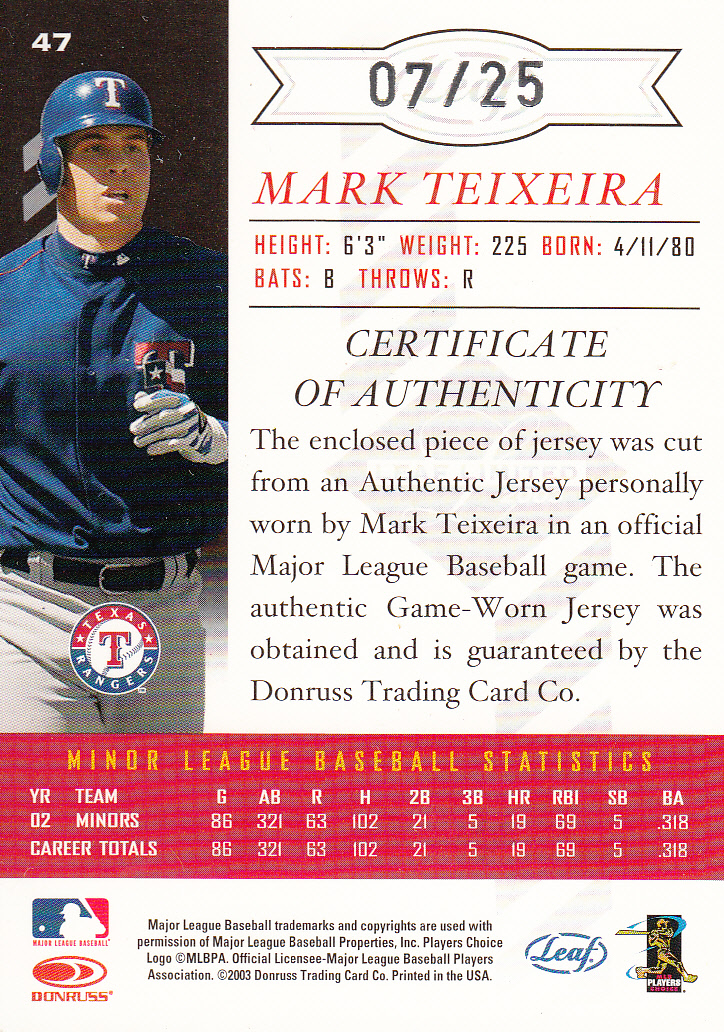 2003 Leaf Limited Threads Prime #47 Mark Teixeira A back image