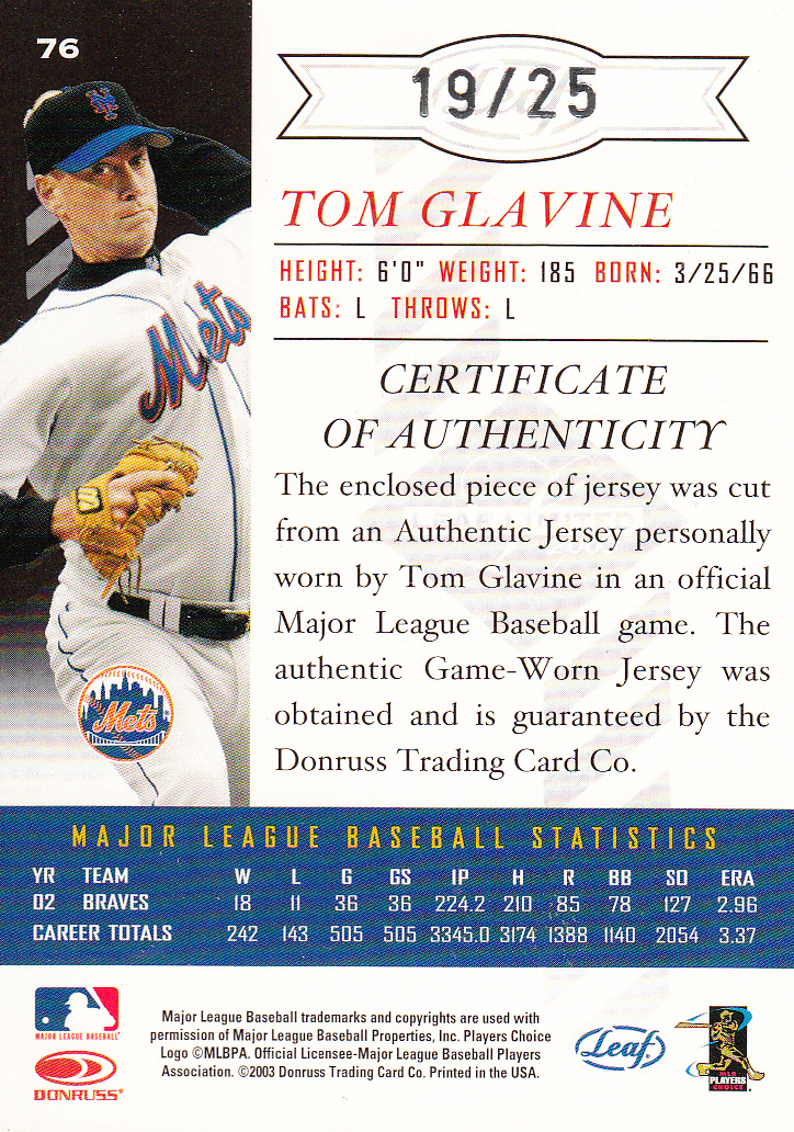 2003 Leaf Limited Threads Prime #76 Tom Glavine Mets A back image