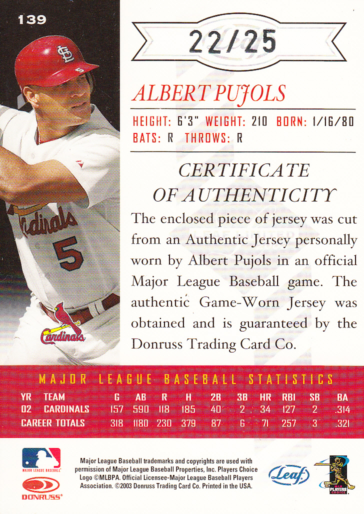 2003 Leaf Limited Threads Prime #139 Albert Pujols A back image