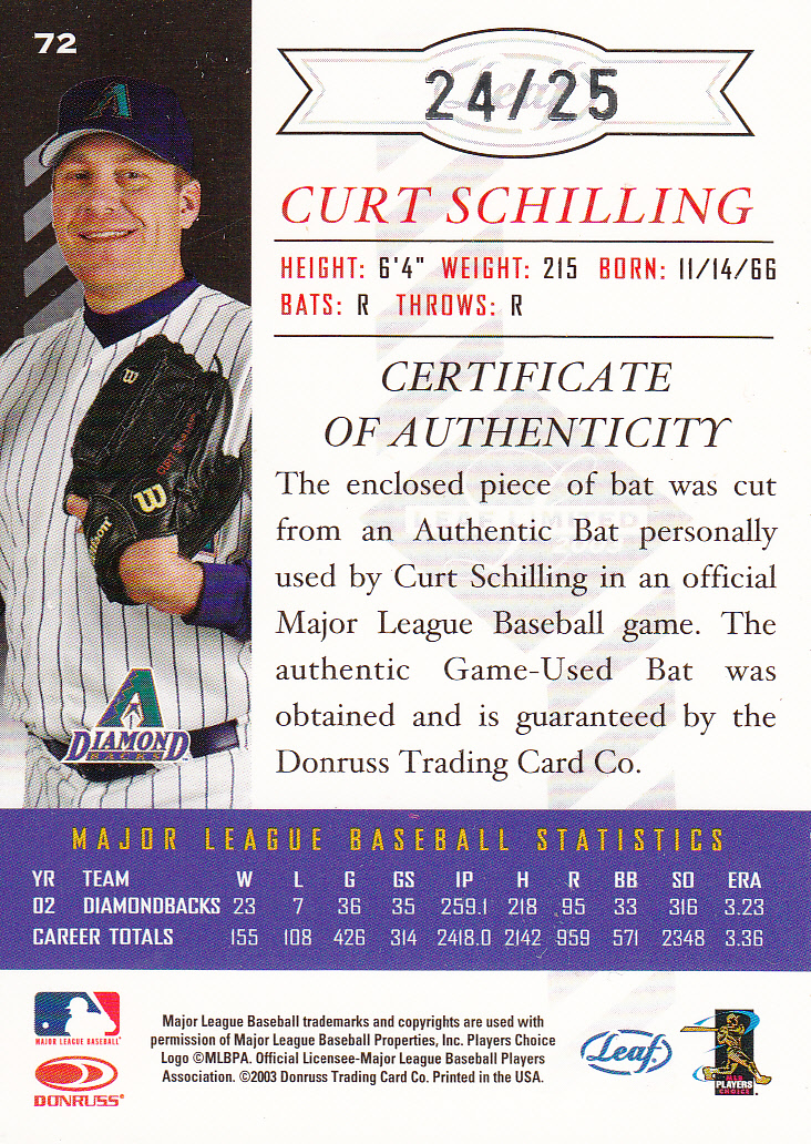 2003 Leaf Limited Timber #72 C.Schilling D'backs Leg back image