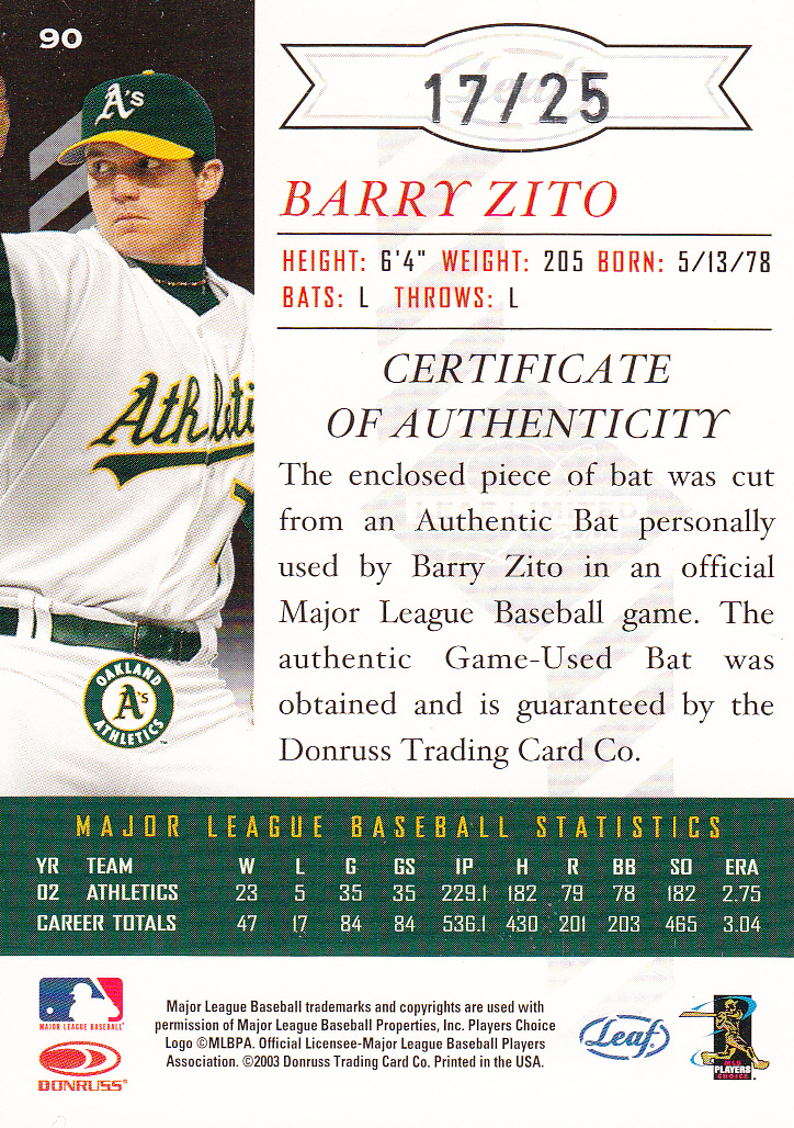2003 Leaf Limited Timber #90 Barry Zito A back image