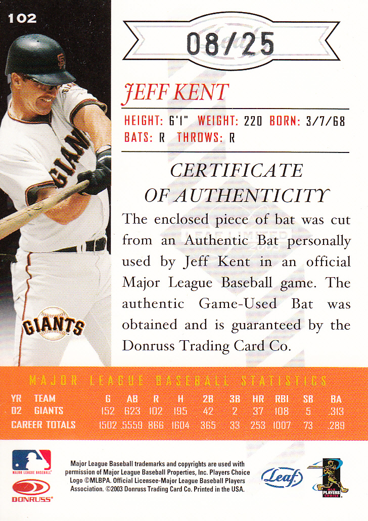 2003 Leaf Limited Timber #102 Jeff Kent Giants back image