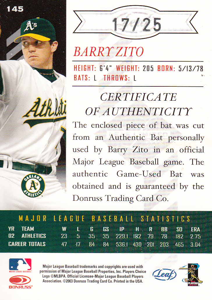2003 Leaf Limited Timber #145 Barry Zito H back image
