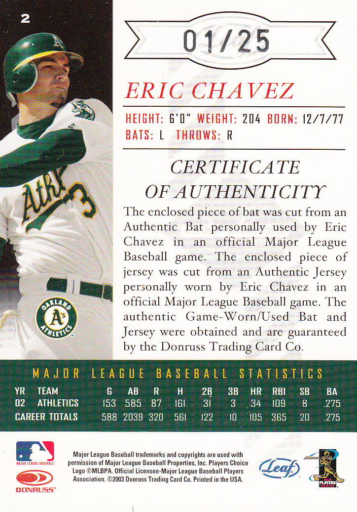 2003 Leaf Limited TNT #2 Eric Chavez Bat-Jsy back image