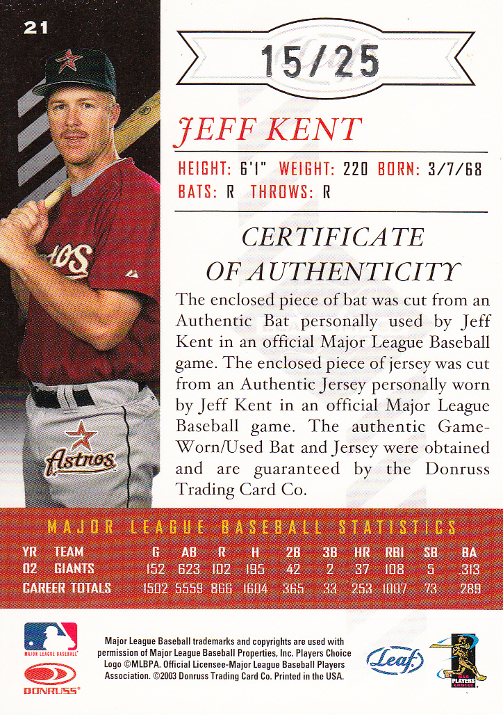 2003 Leaf Limited TNT #21 Jeff Kent Astros Bat-Jsy back image