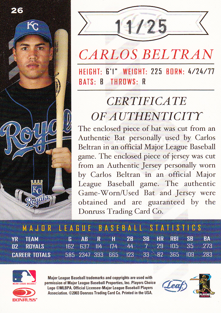 2003 Leaf Limited TNT #26 Carlos Beltran Bat-Jsy back image
