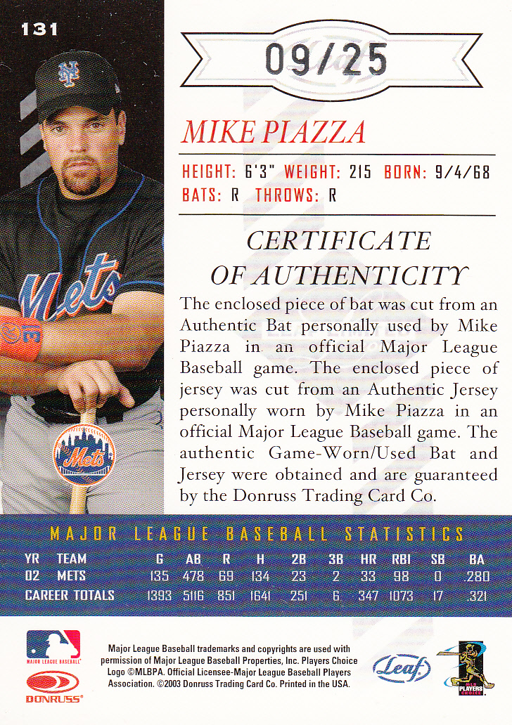 2003 Leaf Limited TNT #131 M.Piazza Mets A Bat-Jsy back image