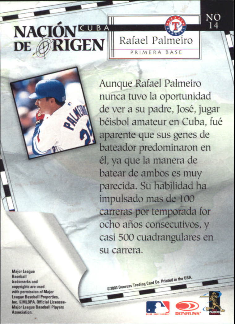 2003 Donruss Estrellas Nacion de Origen #14 Rafael Palmeiro back image