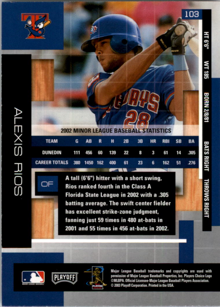 2003 Absolute Memorabilia #103 Alexis Rios back image