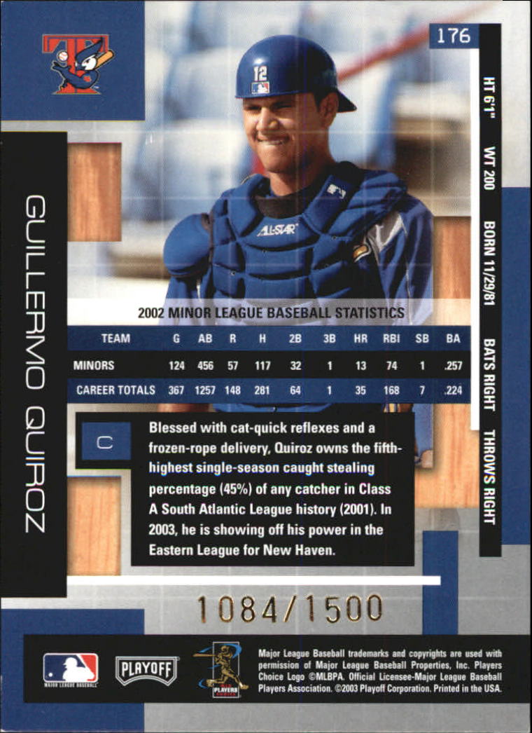 2003 Absolute Memorabilia #176 Guillermo Quiroz ROO RC back image