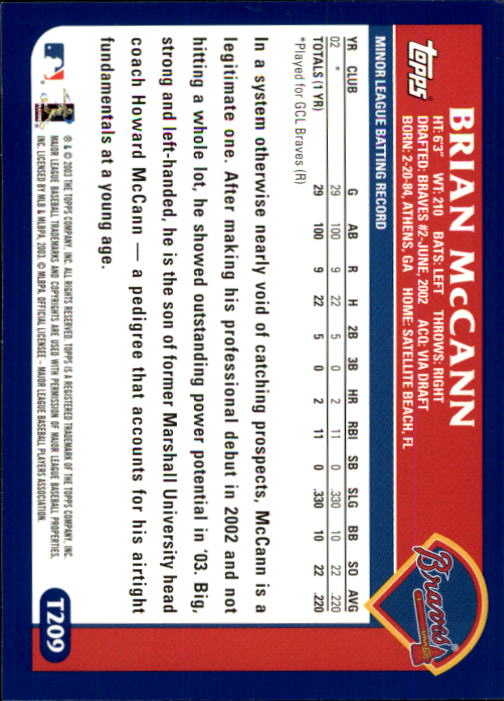 2003 Topps Chrome Traded #T209 Brian McCann FY RC back image