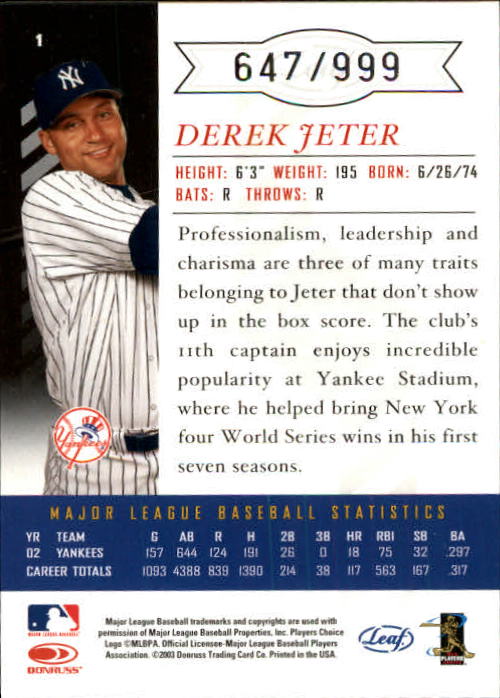 2003 Leaf Limited #1 Derek Jeter Btg back image