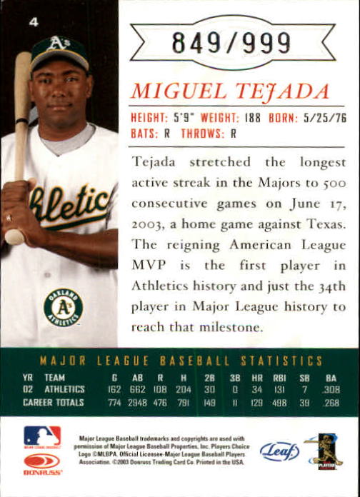 2003 Leaf Limited #4 Miguel Tejada Fldg back image