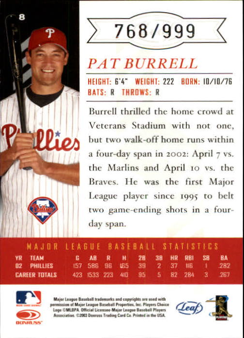 2003 Leaf Limited #8 Pat Burrell w/Bat back image