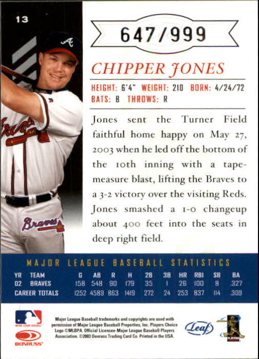 2003 Leaf Limited #13 Chipper Jones H back image