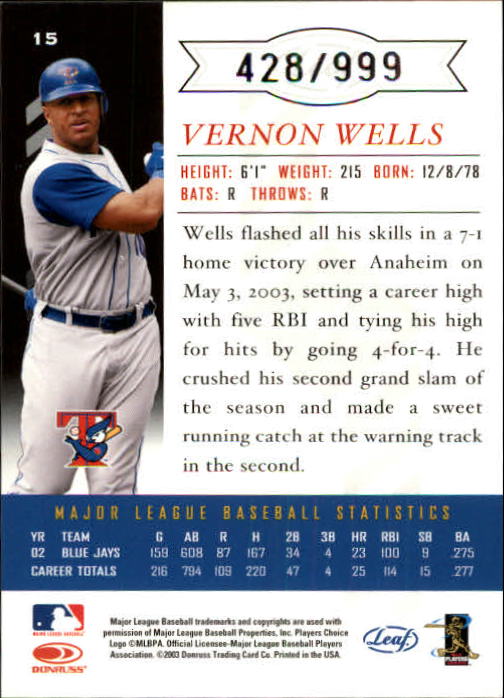 2003 Leaf Limited #15 Vernon Wells back image