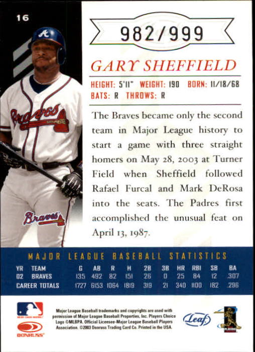 2003 Leaf Limited #16 Gary Sheffield back image